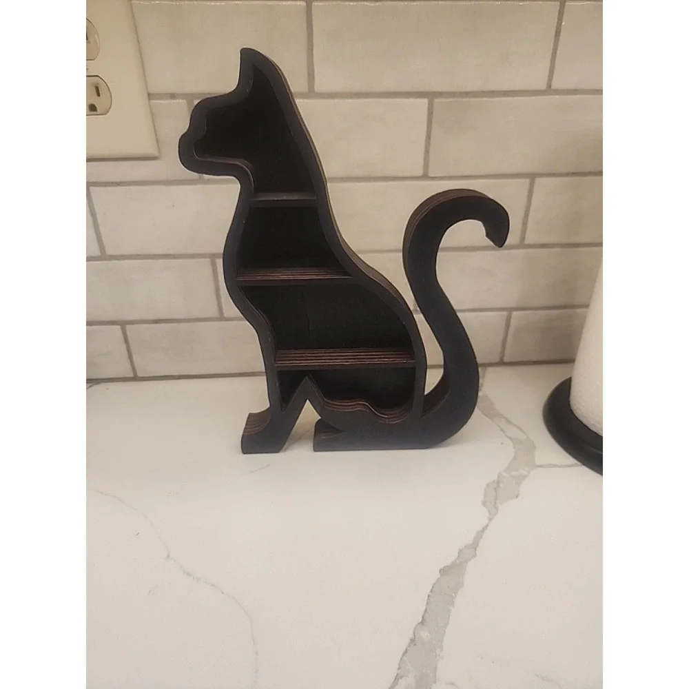 Black Sitting Cat Shaped Shadow Box Or Trinket Shelf Table Top Display Shelf